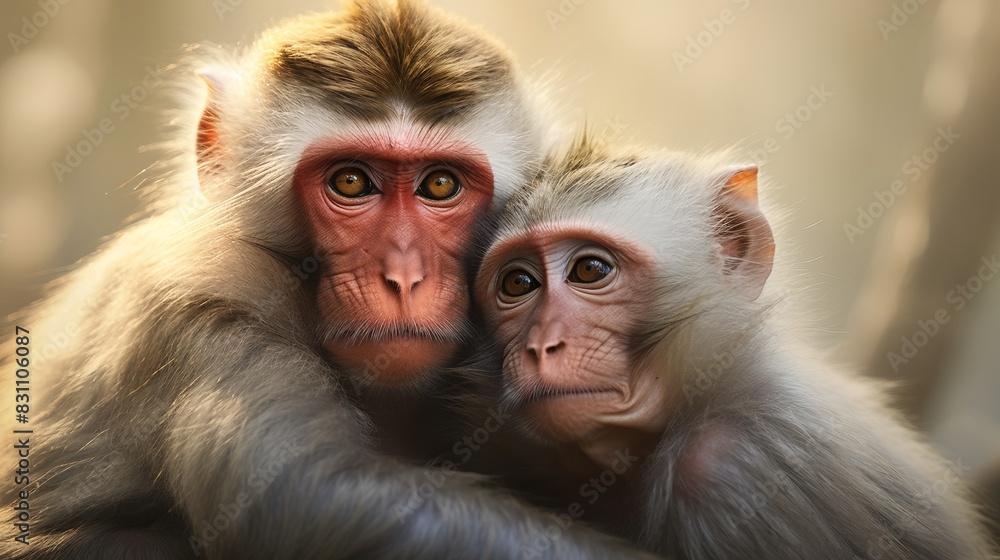 Heartwarming image of two monkeys embracing against a soft, natural background. Capturing the bond and tenderness in wildlife. Heartwarming image of two monkeys embracing against a soft, natural background. Capturing the bond and tenderness in wildlife.