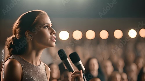 Woman Speaking at Microphone Generative AI photo