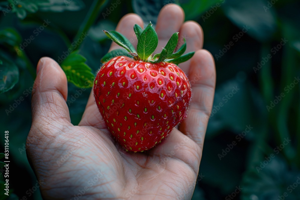 Obraz premium Person holding strawberry in garden