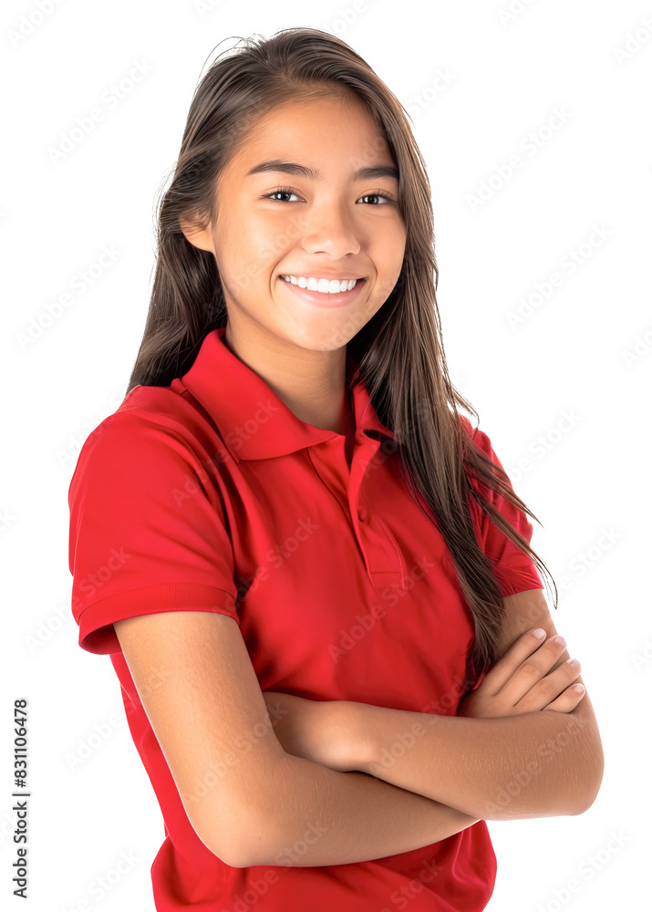 Portrait of teenage Philippine female employee of fast food restaurant posing with arms crossed and smiling. Isolated over transparent background Portrait of teenage Philippine female employee of fast food restaurant posing with arms crossed and smiling. Isolated over transparent background