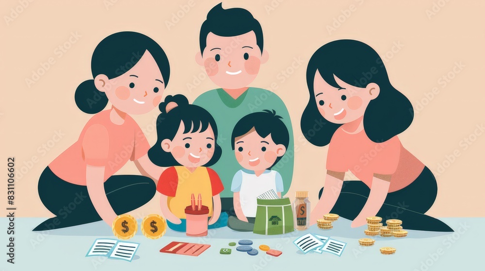 Design a visual guide to planning family finances. Include budgeting tips, saving strategies, and ways to teach children about financial responsibility.