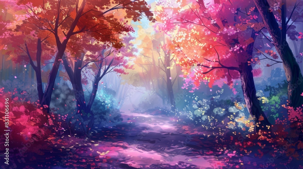 Pathway in an autumn forest with pastel skies and colorful foliage overhead.