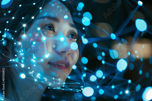 Wallpaper Mural A woman gazes upward against a holographic networking cyber effect backdrop, surrounded by glowing virtual headset connections, Earth spheres, and luminous lines Torontodigital.ca