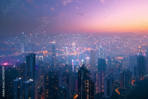A cityscape at twilight with digital connections and network lines superimposed across the buildings  symbolizing a smart city
