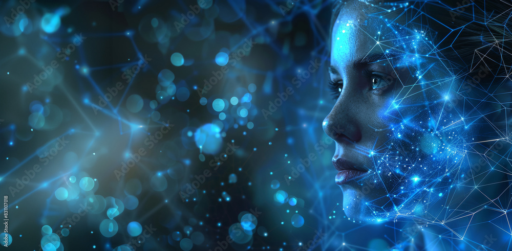A woman gazes upward against a holographic networking cyber effect backdrop, surrounded by glowing virtual headset connections, Earth spheres, and luminous lines A woman gazes upward against a holographic networking cyber effect backdrop, surrounded by glowing virtual headset connections, Earth spheres, and luminous lines