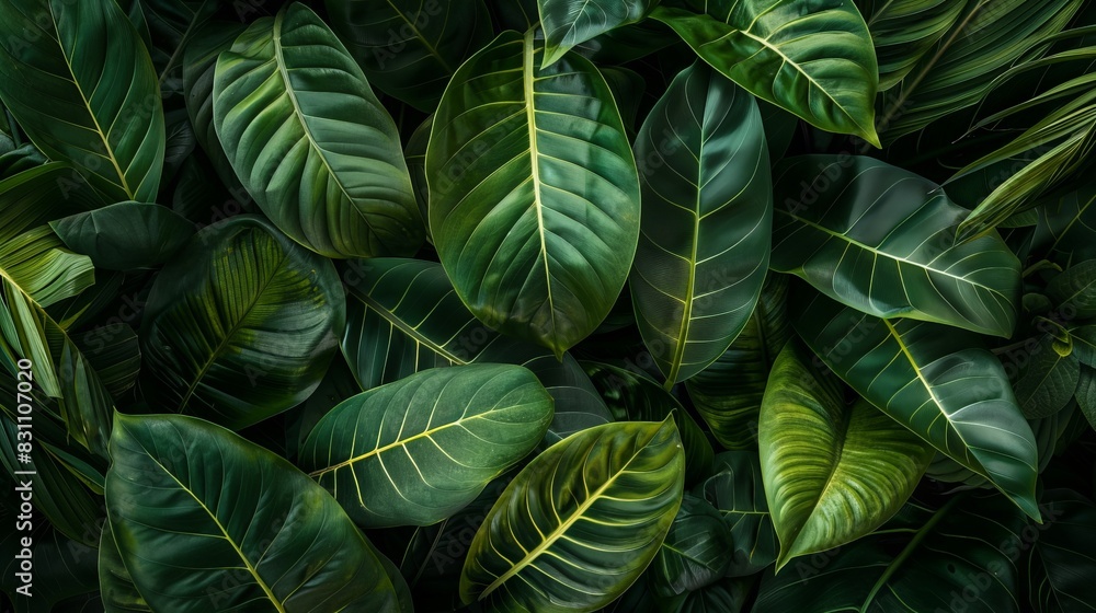 Lush green tropical leaves close-up, showcasing natural foliage and vibrant textures. Perfect for nature-themed designs and background images. Lush green tropical leaves close-up, showcasing natural foliage and vibrant textures. Perfect for nature-themed designs and background images.
