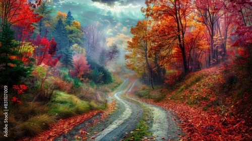 Pathway in an autumn forest with pastel skies and colorful foliage overhead.