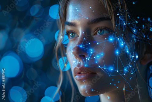 A woman gazes upward against a holographic networking cyber effect backdrop, surrounded by glowing virtual headset connections, Earth spheres, and luminous lines