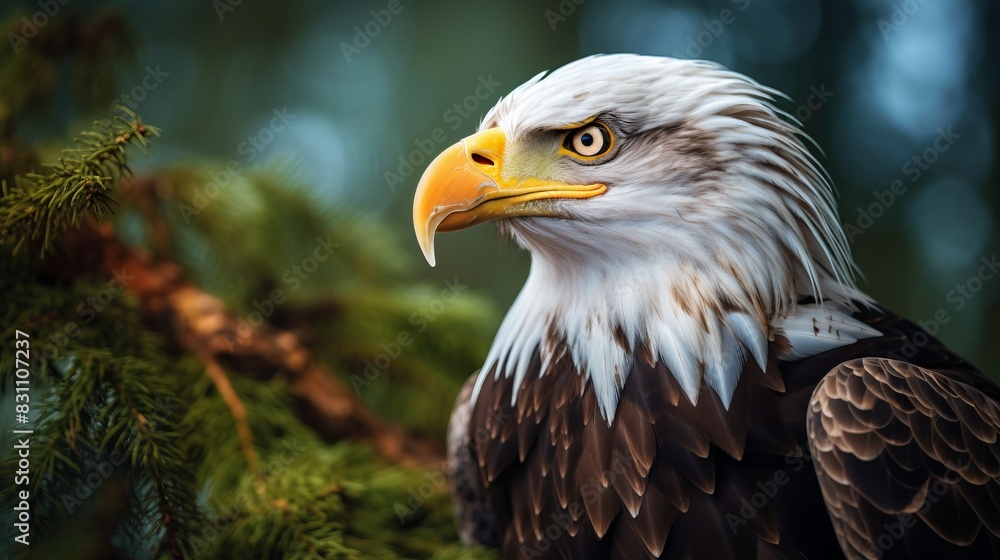 Obraz premium Majestic bald eagle perched on a tree branch against a blurred forest background, showcasing its powerful beak and striking feathers.