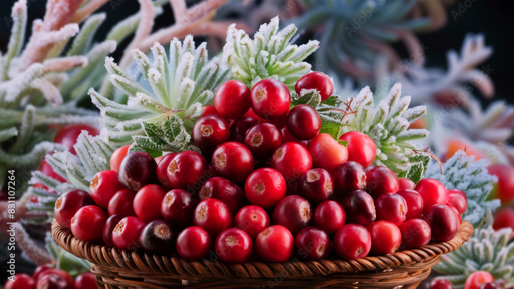 basket with cranberries, berries in frost