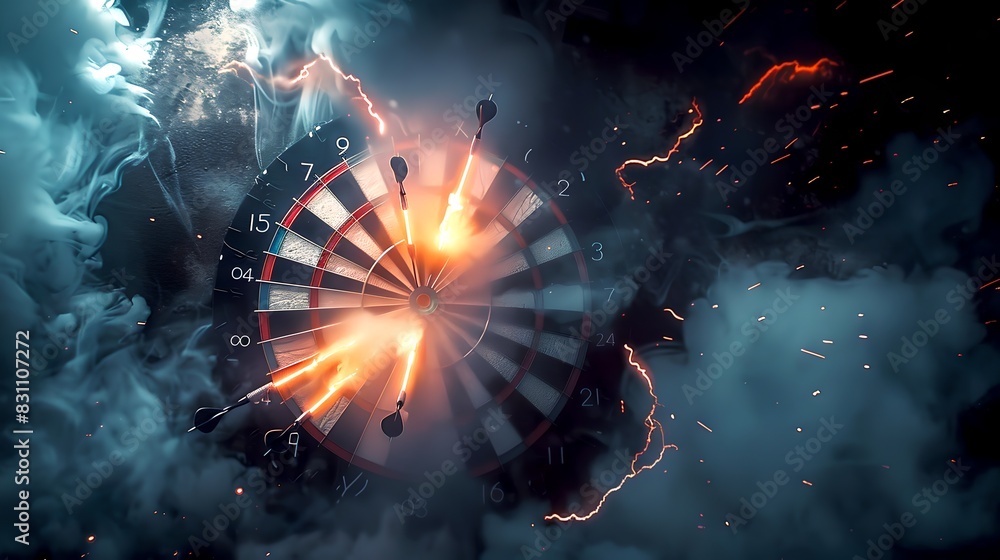 Target board with darts on fire in dark stormy clouds. Dramatic artistic concept. Eye-catching digital art with intense contrast. AI