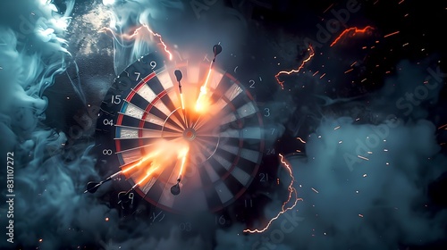 Obraz na płótnie Target board with darts on fire in dark stormy clouds. Dramatic artistic concept. Eye-catching digital art with intense contrast. AI w salonie