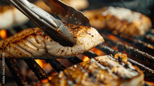 Close-up of a grilled fish fillet being flipped on the grill with tongs, highlighting the cooking process and the caramelization of flavors photo