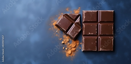 Dark chocolate bar and chocolate chips on the blue background.