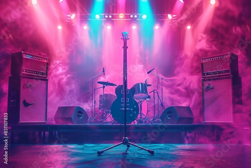 Music stage setup with guitar, amp, equipment photo