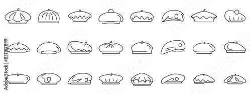 Beret icons set vector. A collection of hats in various styles and colors. The hats are all lined up in a row, with some overlapping each other. The hats range from small to large, and some have