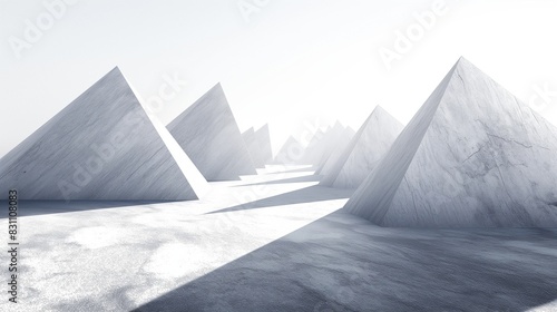 A minimalist landscape of sharp  triangular peaks made of polished stone  under a stark white sky  casting long  sharp shadows over a smooth  snow-covered ground.
