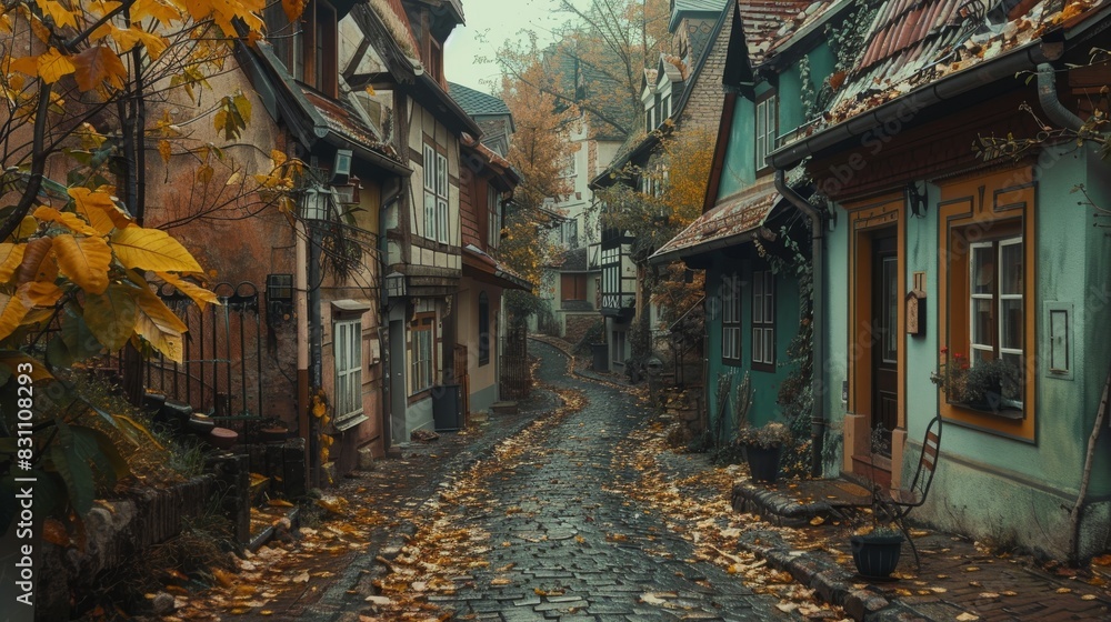 Fototapeta premium Quiet autumn village with pastel-painted houses and leaves on the cobblestone streets.