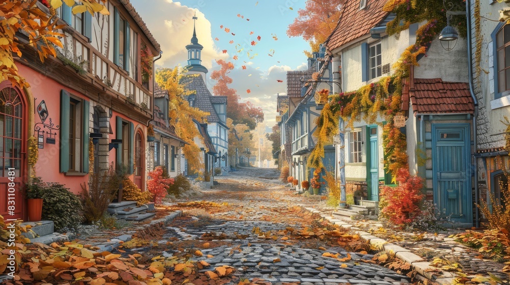 Fototapeta premium Quiet autumn village with pastel-painted houses and leaves on the cobblestone streets.