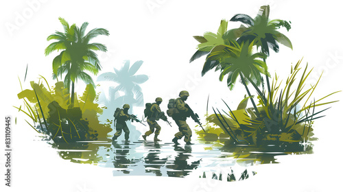 Soldiers move in the heart of a marsh, crossing swampy waters, tropical jungle heat, extreme conditions of concealed tactical combat operations of special task forces isolated on white background, fla