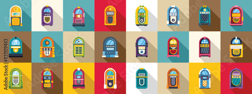 Jukebox icons set vector. A row of colorful jukeboxes with a variety of designs and colors. The jukeboxes are arranged in a grid pattern, with some of them being larger than others. Scene is lively
