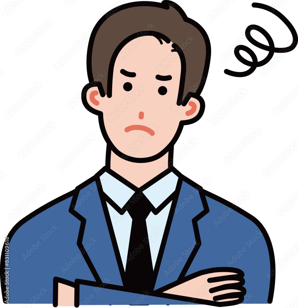 腕組みをして困っているスーツ姿の若い男性