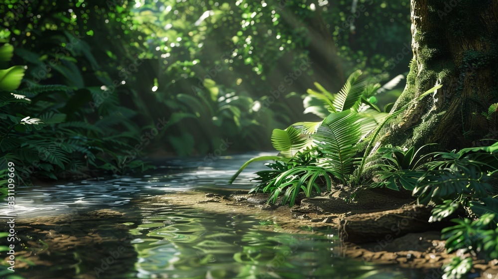 Serene tropical rainforest scene with lush foliage, a tranquil stream, and sunlight filtering through the trees, creating a peaceful atmosphere. Serene tropical rainforest scene with lush foliage, a tranquil stream, and sunlight filtering through the trees, creating a peaceful atmosphere.
