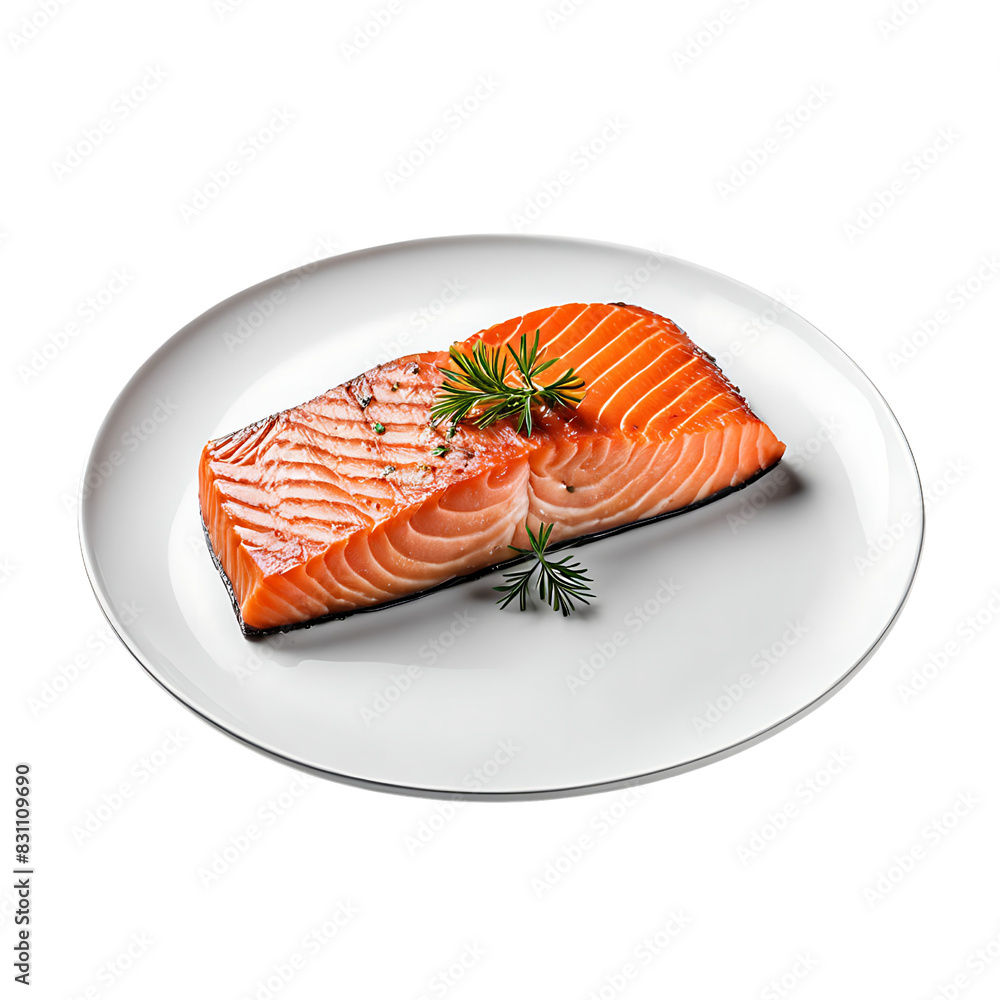 Salmon steak with aromatic rosemary served on a white plate. Top view. Salmon steak with aromatic rosemary served on a white plate. Top view.
