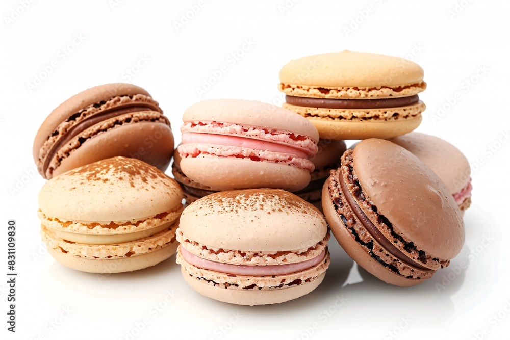 Neatly placed variety of macarons on white table Neatly placed variety of macarons on white table