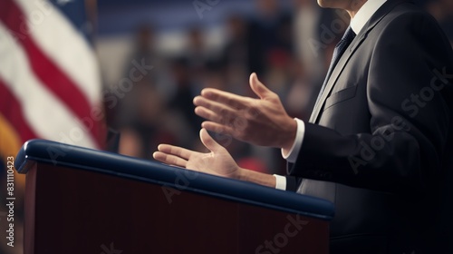 Speaker at podium with American flag, delivering speech in front of audience, wearing suit and tie, professional and formal setting.