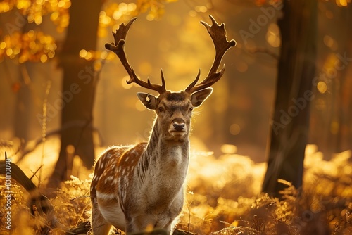 Stunning fall scene with a majestic deer standing in a sunlit forest, surrounded by golden leaves. Perfect for autumn and wildlife themes.