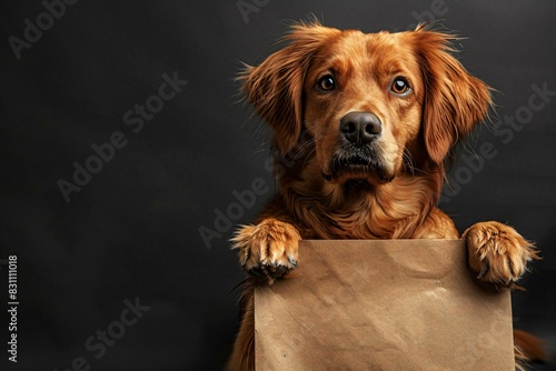 Dog holds brown bag photo