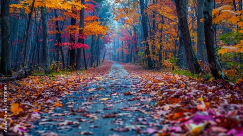 Scenic autumn trail with pastel hues and fallen leaves lining the path.
