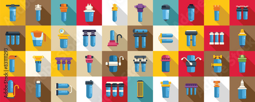 Filter for water purification icons set vector. A collection of blue water filters with a red and yellow background. The filters are arranged in a grid pattern