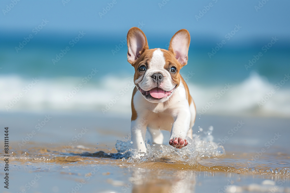A cute French Bulldog puppy running on the beach, smiling at the camera, with a summer sea background