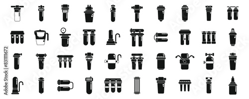 Filter for water purification icons set vector. A collection of black and white icons of various water filtration systems. The icons are arranged in a grid, with some overlapping each other. Scene is