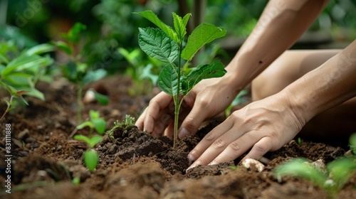 Close-up of hands gently placing a tree sapling into the ground  illustrating the care and attention required for successful tree planting initiatives