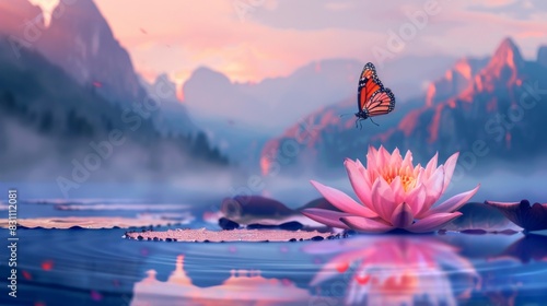 Beautiful oriental landscape with blooming lotus flowers,