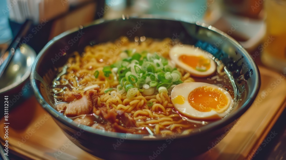Enjoy the comforting warmth of a bowl of Japanese ramen, complete with savory broth, tender noodles, slices of pork, soft-boiled egg, and a sprinkle of green onions. Enjoy the comforting warmth of a bowl of Japanese ramen, complete with savory broth, tender noodles, slices of pork, soft-boiled egg, and a sprinkle of green onions.