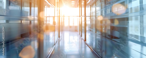 Blurred defocused sunlight in modern office hallway with glass window around