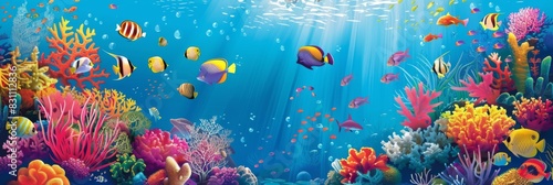 Fish and coral reefs under the sea. Underwater world with seaweeds and sea animals