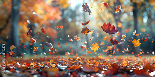 Vibrant autumn leaves falling in a peaceful forest photo