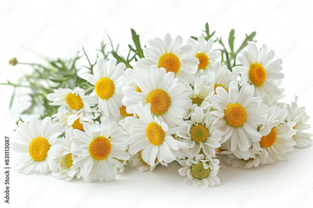 Obraz premium Multiple white flowers yellow centers white surface