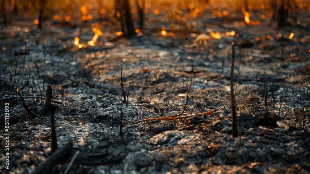 Fototapeta premium Close-up of scorched earth and burnt vegetation in a forest fire zone, demonstrating the environmental damage caused by wildfires