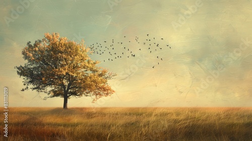 Soft pastel background with a lone tree shedding its leaves in an open field. photo