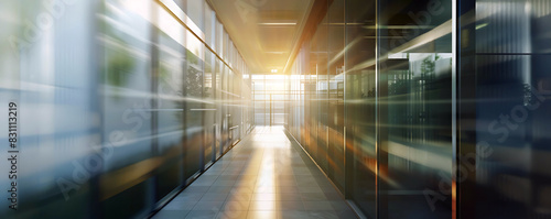 Blurred defocused sunlight in modern office hallway with glass window around