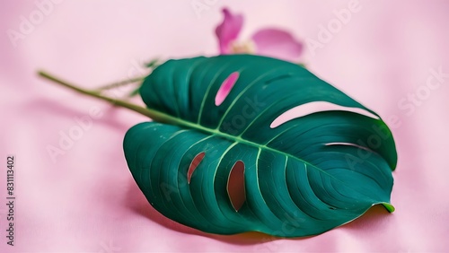A green leave laying underneath a pink background with a flower
