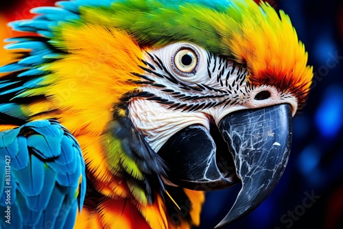 Vibrant close-up of a colorful parrot with striking blue, green, and yellow feathers. The parrot's intense gaze is mesmerizing.