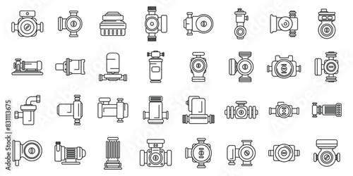 Water circulation pump icons set vector. A collection of various types of pumps and valves. The image is a collection of different types of pumps and valves, all of which are drawn in a simple