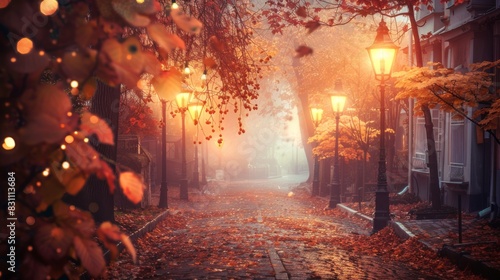 Pastel-toned background of a charming autumn street with lanterns and fallen leaves.